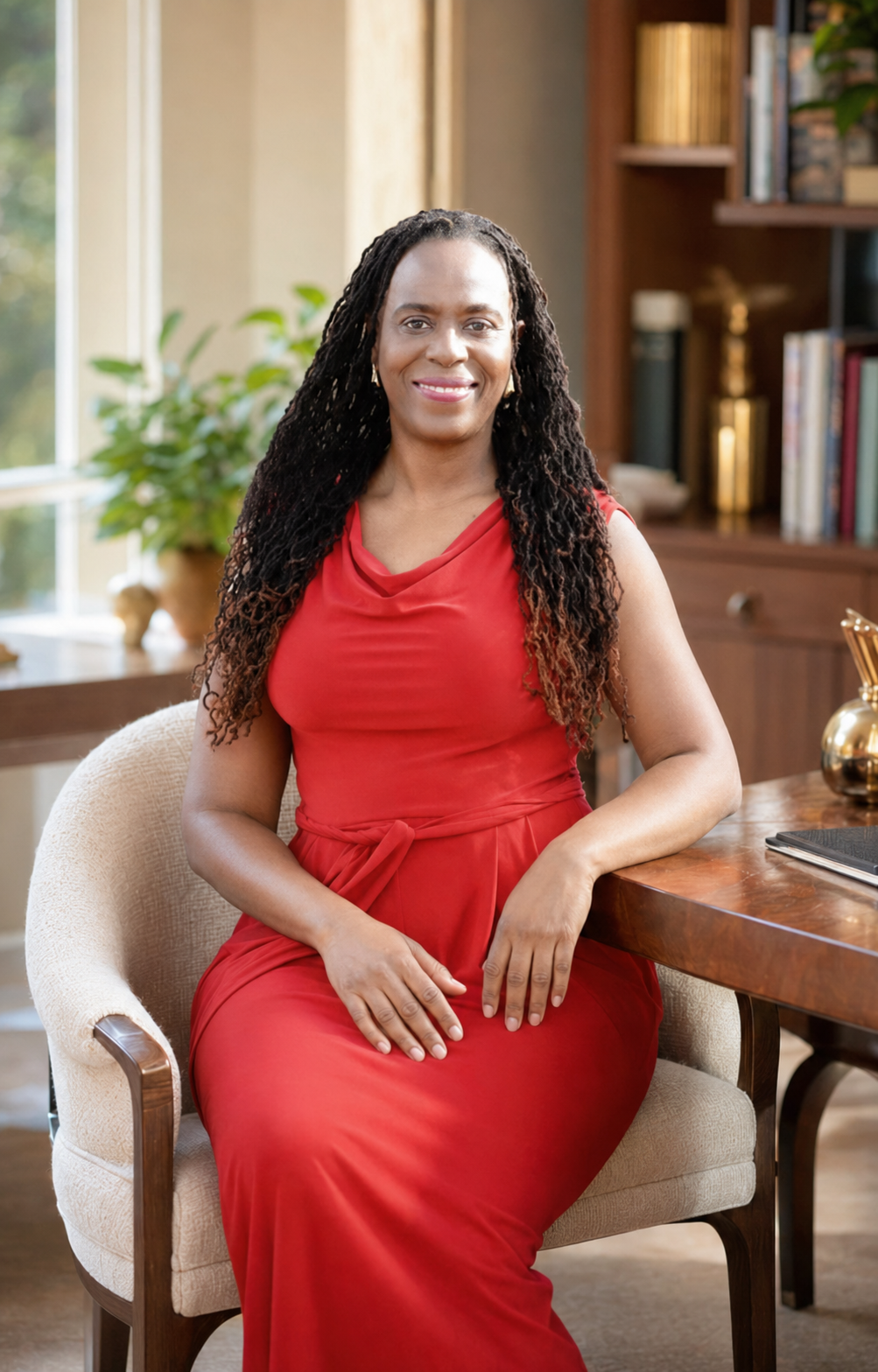 Francine Beleyi seated in a red dress