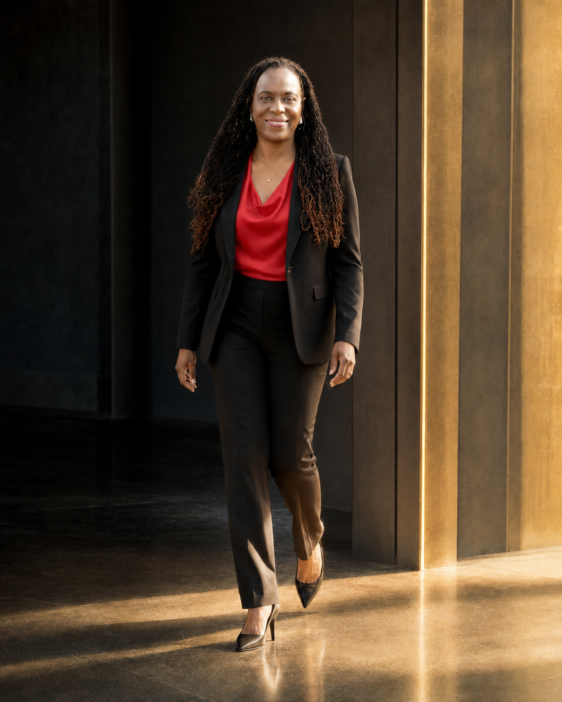 Francine Beleyi walking confidently through a gold-lit doorway